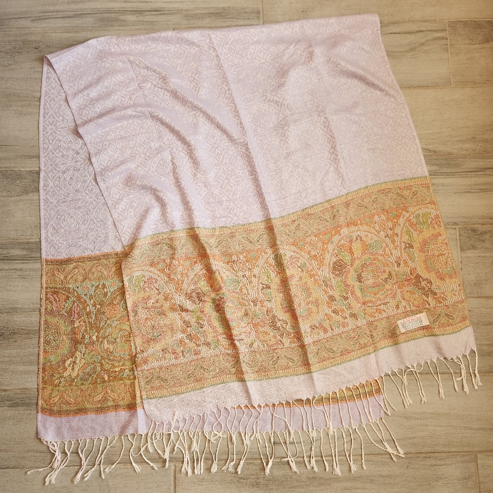 Pashmina scarf lilac tan 100%cashmere fringe paisley wrap shawl Jerusalem luxury